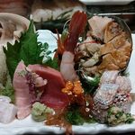 Kameki Zushi - ●夕食･単品。付出 特製松前漬+料理13,640(造盛り11,220+ﾒﾇｹちり鍋ﾎﾟﾝ酢)+中瓶B 682+冷酒 (一ノ蔵限定 1合 1,210+浦霞 禅1合 1,540)=17,072円 