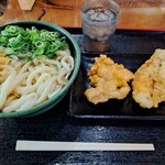 手打ちセルフうどん 海侍 其の壱 飯山店 - かけうどん(熱 中2玉)、とり天、カレイの天ぷら