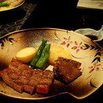 別邸 山風木 - 本日のｽﾃｰｷ(A5ﾗﾝｸの特選仙台牛ｻｰﾛｲﾝと仙台牛味噌漬け)@山風木 3つからﾁｮｲｽできます。