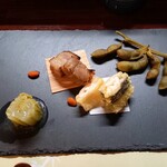 木曽路 四季の彩 幸川 - くもこしゃぶ餅はさみ揚げ・豚みそ焼き・丹波黒豆