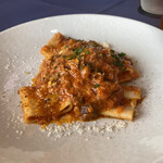 トラットリア ラ・エガオ - じっくり煮込んだエゾ鹿バラ肉のポモドーロ　自家製手打ちショートパスタ　パッケリ