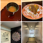 すし繁 - ランチおまかせ握り７０００円。お味噌汁、デザートの黒胡麻柿。一階エントランスと地下へ続く階段。どきどき。。