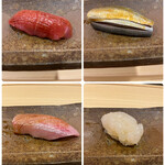 すし繁 - ランチおまかせ握り７０００円。大トロ、小皿、鰤、白海老。小肌は私史上最高のものです（╹◡╹）（╹◡╹）。この後の品が印象薄く感じられるほど美味しかったです