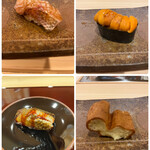 すし繁 - ランチおまかせ握り７０００円。のど黒、ウニ、穴子、玉子焼き。玉子焼きは少し食べた後の写メですm(_ _)m穴子のレベルも高いですよ♩