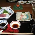 海椿葉山 - 食前酒のシャンパン、造り、手毬寿司