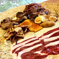 柚木元 - ❾熊キノコ鍋
                    〜今まで秋に伺うことがなかったので、初冬だが敢えてご準備頂いた熊キノコ鍋。ハナイクチ、なら茸、ヌメリスギ茸、シロヌメリイクチ、アミ茸、シモフリイクチ。熊肉は昨年度分を超冷凍保存したもの。