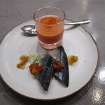 188806969 - パプリカのムースと白ワインのジュレ、秋刀魚のグリル