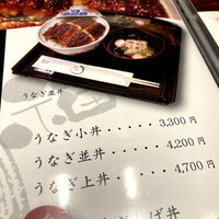 うなぎ家 しば福や - お品書きに目を通します。重とひつまぶし、長焼き、一品料理やドリンクなど、とても豊富にメニューが取り揃えられています。コチラでもやはり丼から「うなぎ小丼 3300円」を注文することにしました。