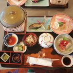 Tsukuba Gurando Hoteru - 夕食全景　大きなフタが豚肉と野菜の陶板焼　小さなフタは蒸しもの