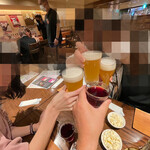Biahausu Moriu - 3回目のカンパーイ！3人はまだビール飲む。1人赤ワイン