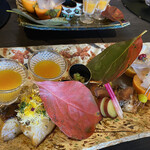 日本料理 まめぞう - バターナッツカボチャのすり流し、焼き魚のカダイフのせ、カマスのカラスミのせ、すっぽん味のおから、柿の白和え、銀杏、はじかみ、さつまいも