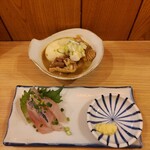 立呑み晩杯屋 - 煮込み玉子入り190円、アジ刺250円