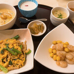 銀座 麒麟 - ウィークリーランチ 小海老と銀杏のレモン山椒あえ+豚肉と小松菜のオイスター風味の玉子炒め+玉子粥