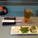 Izakaya Isshou - 付け出し（ポテトサラダ、枝豆、塩だれ冷奴）＆緑茶