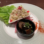 CUISINE China 凛 - 鮑の冷菜、サービスの茄子の南蛮添え