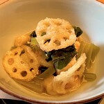 日本料理「雲海」 - 煮物： 伝助穴子と白菜の煮びたし、蓮根と蓮根餅
