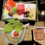 日本料理「雲海」 - 造り； 本鮪、鱧の落し、福子の洗い、芽物いろいろ、有東木の山葵、土佐醤油