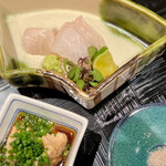 四季彩ダイニング　春 - 〇平目お造り～あん肝ポン酢とお塩で～
      ‥まずはあん肝ポン酢と岩塩が。