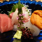 日本料理 とくを - 刺身　奄美のマグロ・明石の鯛・イカ・北海道の雲丹☆