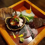 旬の隠れ家 あかり - お刺身三種盛(くろむつ、やりいか、白子ポン酢)