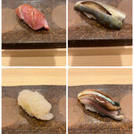 すし繁 - ランチおまかせ握り７０００円。大トロ、小肌、白海老、しめ鯖。大トロ、小肌が前回よりもさらに良かったです（╹◡╹）（╹◡╹）