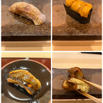 すし繁 - ランチおまかせ握り７０００円。のど黒、ウニ、穴子、玉子焼き。ご自慢の穴子は、ガス台でしっかり炙っての提供です。店内に良い香りが漂い、満腹なのに食欲が復活します（笑）