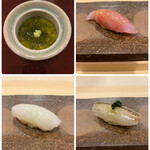 すし繁 - ランチおまかせ握り７０００円。アサリ出汁の茶碗蒸し、甘鯛昆布締め、白イカ、さより。とても美味しいですが、イカやさよりではシャリの旨さが勝ってしまう感じがあります。