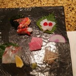Japanese Cuisine Kono - 造盛４種盛り合わせ（天然鯛の焼き霜造り、トロ、アオリイカ、車海老）