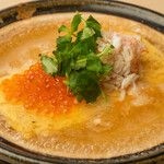 Salmon roe and crab jaw rolled egg in dashi soup