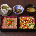 午餐每天限定5餐【餐桌座位】雙層盒裝和牛牛牛排和海鲜玫瑰散壽司