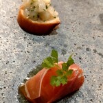 ビストロ　アギャット - アオリイカのタルタル、柿のマリネとイベリコ豚の生ハム