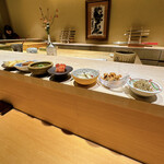 Sushi Fujirou - ズワイガニの蟹味噌•アン肝の当座煮•千枚漬け•芋焼酎に漬けた自家製の明太子•岩モズク•クジラのさえずり