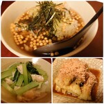 太郎屋 - お揚げさんと青菜の炊いたん450円、焼き茄子500円、梅茶漬け600円✨やさしい味わいのおばんざいで穏やかな気持ちになりました。