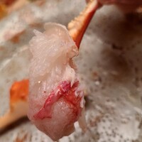 緒方 - ⑨湯引き間人蟹(爪)(京都府間人産)
                    多分、出汁で湯引きしたもの
                    爪は蟹の華となっており、レアな食感
                    何も付けずトゥルっと頂き、透明感のある旨みを楽しみます