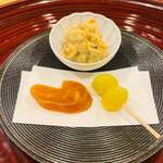 日本料理 一会 - からすみ、銀杏素揚げ、奈良漬け白和え（これ最強のヒットで大盛です！）