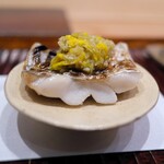 Hisada - 炙った太刀魚に菊花とわさびの茎を和えて。