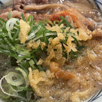 Marugame Seimen - 肉うどん 並(690円)に天かす、ネギ、一味掛け