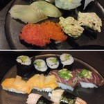 大衆すし居酒 穴場 - イワシ（90円）、ヒラメ（388円）、白魚、トビッコ、クラゲ（各188円）。クラゲの味付けがマヨネーズなのがイクナイ。本ワサビ巻（188円）、赤貝、馬肉、甘エビ（各288円）。