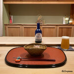 御料理 寺沢 - ユキノチカラ白ビールと松茸､黒皮､菱蟹､菊菜､菠薐草に針茗荷の御浸し