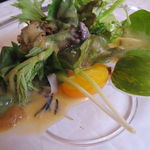 ウシマル - 地場の野菜と山菜のサラダ、大豆のソースで1