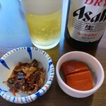 Marutake Oumi Nishikawa - 瓶ビールとお膳の小鉢ｺです