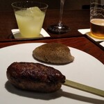 Denkushifurori - 鰯団子串と鶏レバームース。