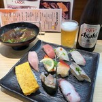 もりや水産 - サービスセットと瓶ビール中アサヒ