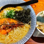 Yaki Miso Ramen Yadoya - 海老らーめん 1200円、甘エビ昆布〆のっけ飯 400円