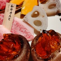 和牛焼肉 土古里 上野バンブーガーデン店 - 椎茸はメニューにあるから蓮根と南瓜合わせて肉扱いなのかな？