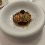 ラ・トゥーエル - ❻香箱蟹、キャビア、花穂紫蘇、柑橘、ポワロネギ、蟹の出汁とイカのソース。