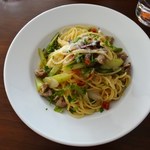 ニコラ - （’13/05）ランチ（1200円）のパスタ　サルシッチャとアスパラのスパゲッティ