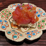 野口太郎 - 大間のまぐろ 富山の白海老 フルーツトマトのおこげのせ 黄身醤油で