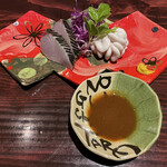 野口太郎 - 鰆の藁焼きとたらの白子 自家製ウスターソースと辛子で