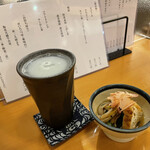 蕎麦 松風 - 蕎麦焼酎　蕎麦湯割り　お通しの春菊のあえもの